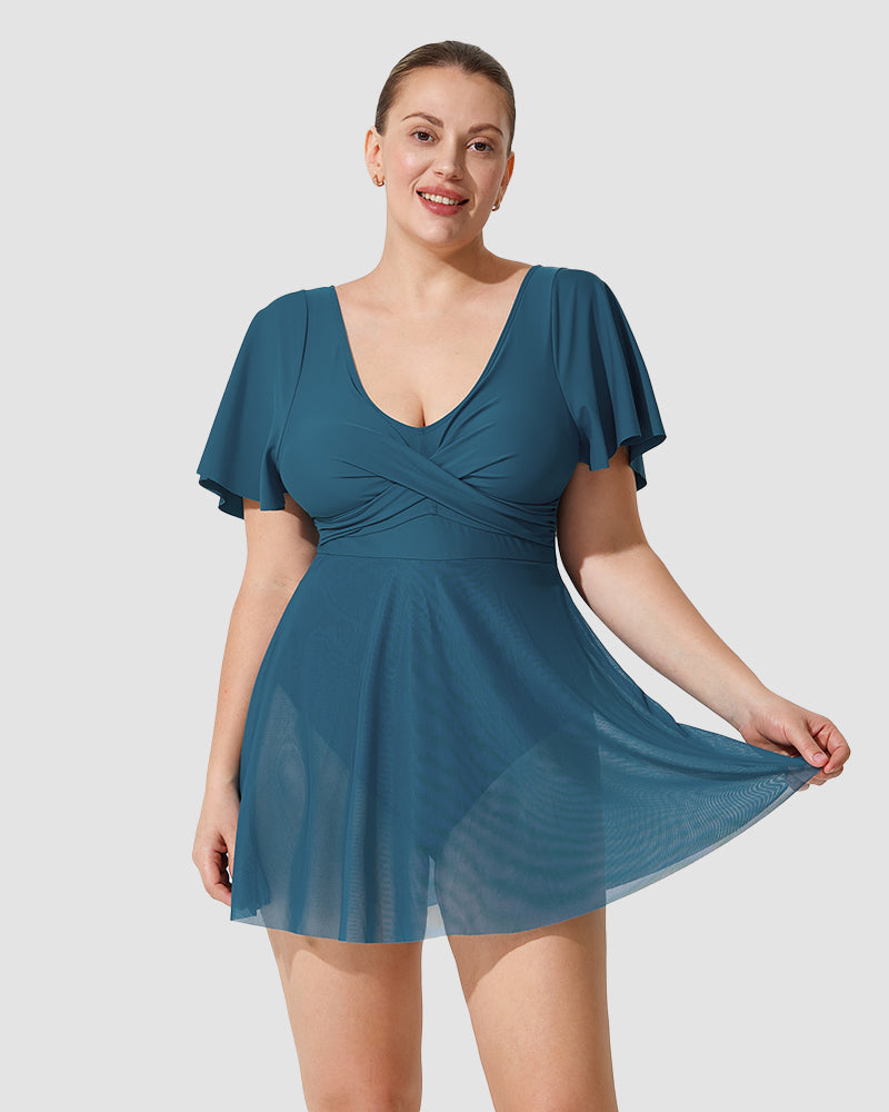 Chic Plus Size Full Coverage Ruffle Swimdress with Built-in Shorts for Women