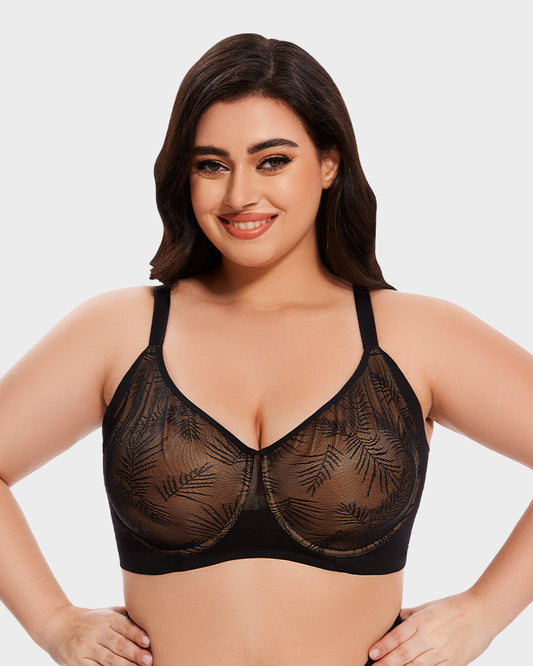 Elegant Leaf Lace Full Coverage Unlined Push-Up Bra for Enhanced Shape
