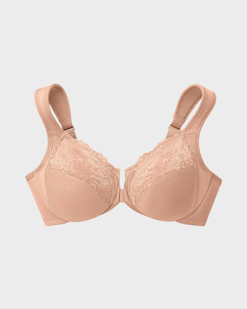 Chic Front-Closure Underwire Lace Print Bra for Effortless Plus Size Comfort