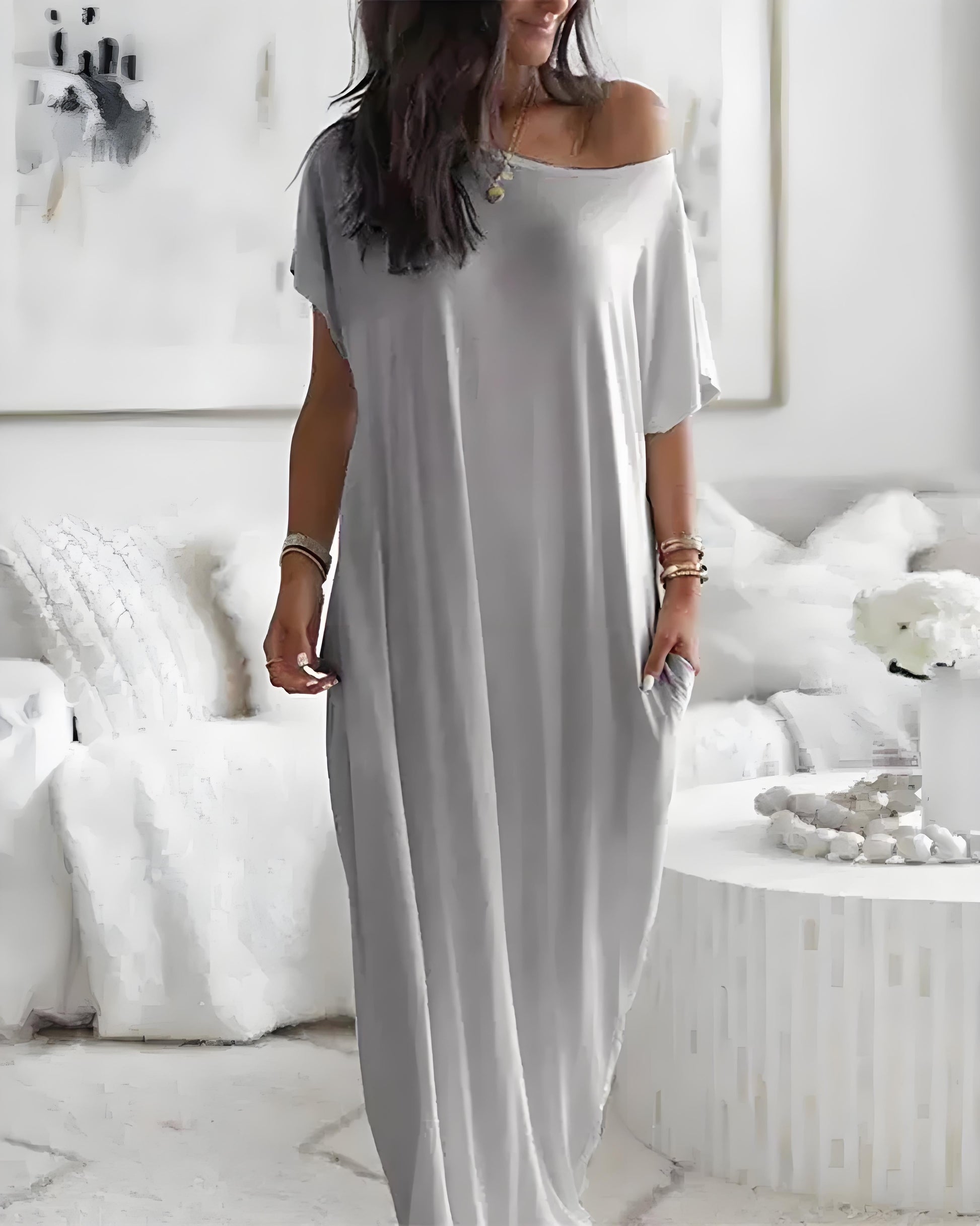 Women's Relaxed Off-Shoulder Batwing Sleeve Maxi Lounge Dress - Soft & Chic