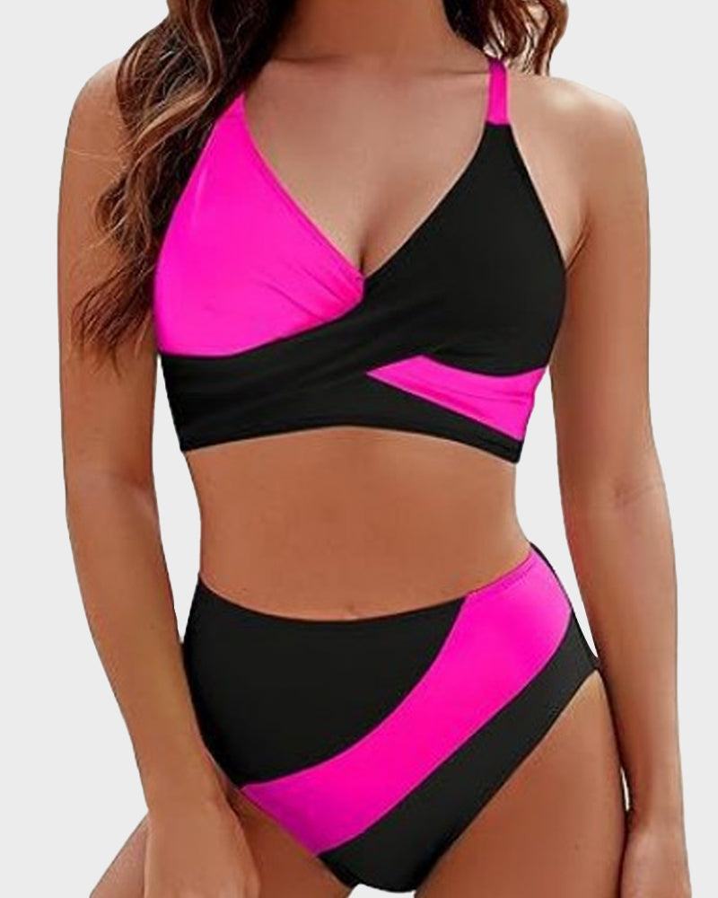 Trendy Color-Block Crisscross Laced Bikini Set with Adjustable Back Ties