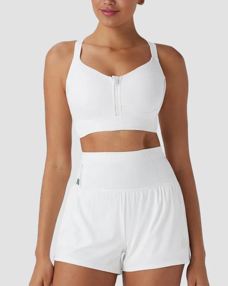 Quick-Dry Front Zipper Push-Up Sports Bra for Women with Adjustable Crisscross Back