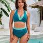 Trendy High Waist Ruched Color Block Bikini Set Flattering Swimwear