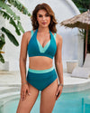Trendy High Waist Ruched Color Block Bikini Set Flattering Swimwear
