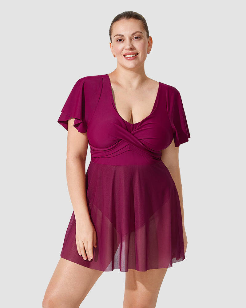 Chic Plus Size Full Coverage Ruffle Swimdress with Built-in Shorts for Women