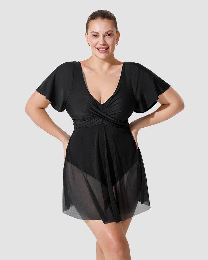 Chic Plus Size Full Coverage Ruffle Swimdress with Built-in Shorts for Women