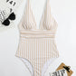 SheCurve Striped Deep Plunge Ruched One-Piece Summer Swimsuit for Women