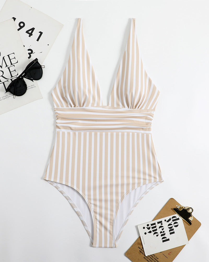 SheCurve Striped Deep Plunge Ruched One-Piece Summer Swimsuit for Women