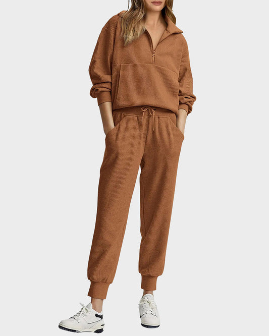 Ultra-Soft Ribbed Half-Zip Hoodie & Joggers Lounge Set for Women