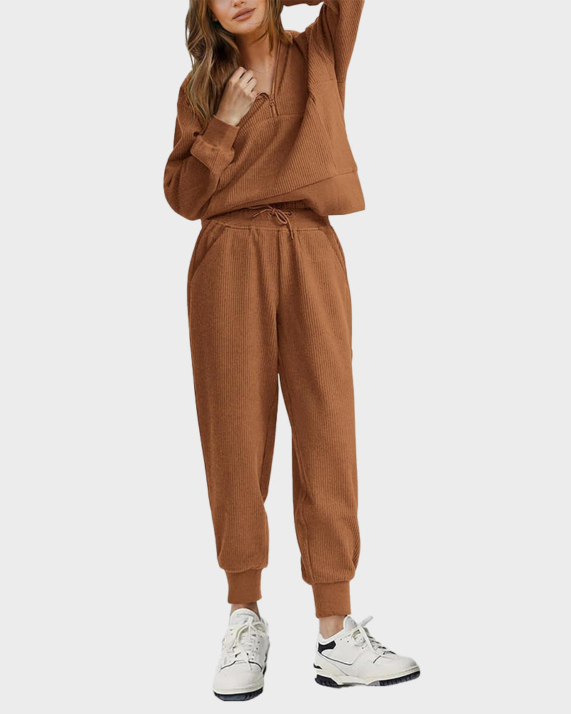 Ultra-Soft Ribbed Half-Zip Hoodie & Joggers Lounge Set for Women