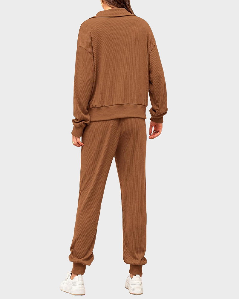 Ultra-Soft Ribbed Half-Zip Hoodie & Joggers Lounge Set for Women