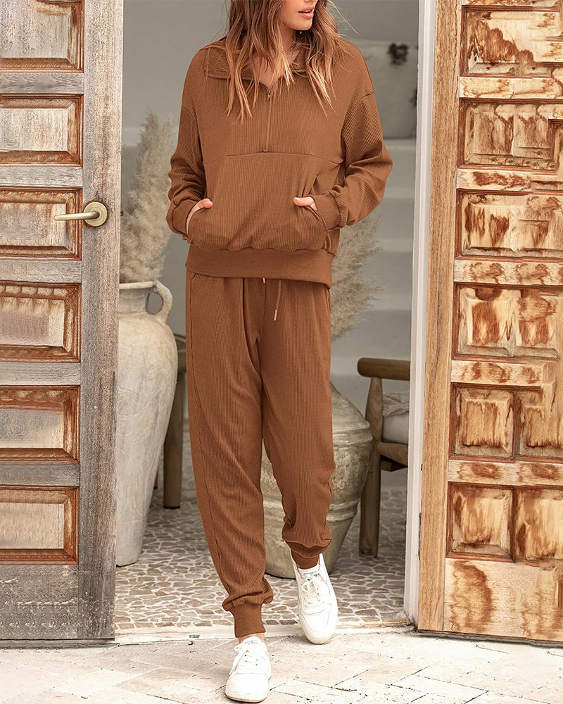 Ultra-Soft Ribbed Half-Zip Hoodie & Joggers Lounge Set for Women