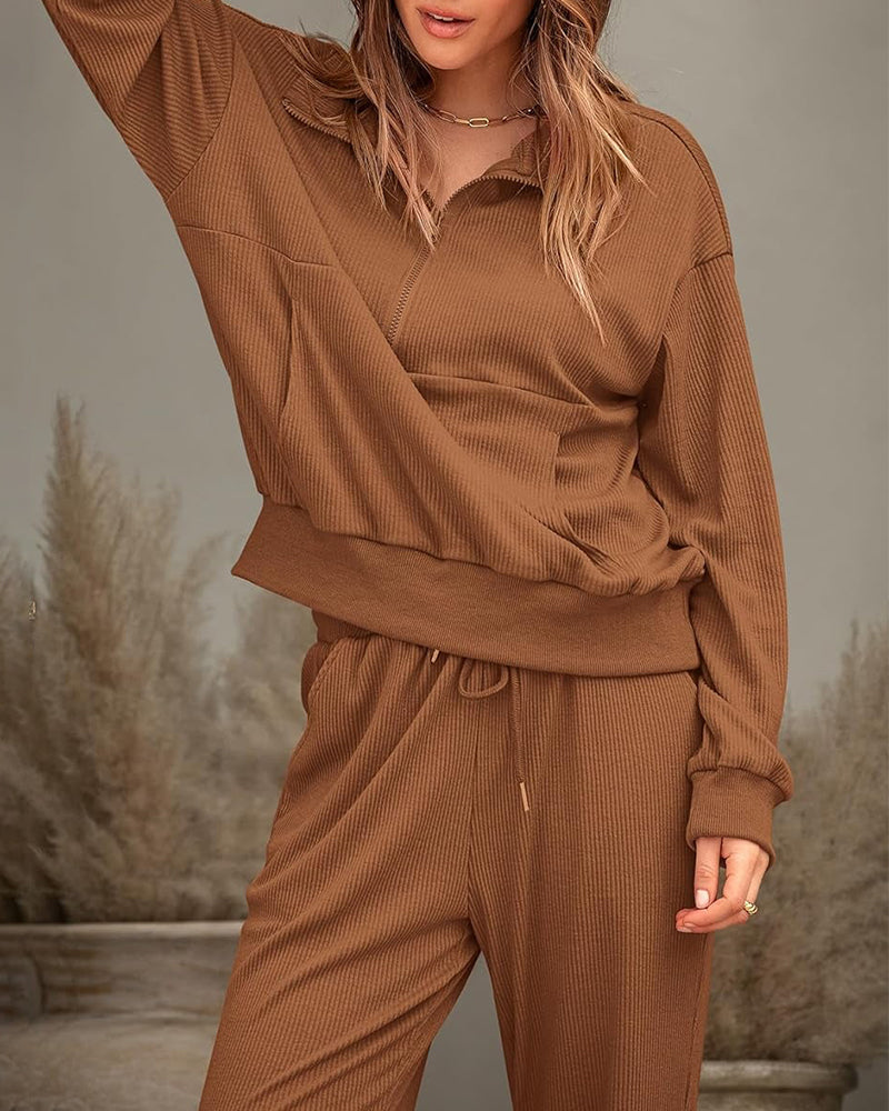 Ultra-Soft Ribbed Half-Zip Hoodie & Joggers Lounge Set for Women