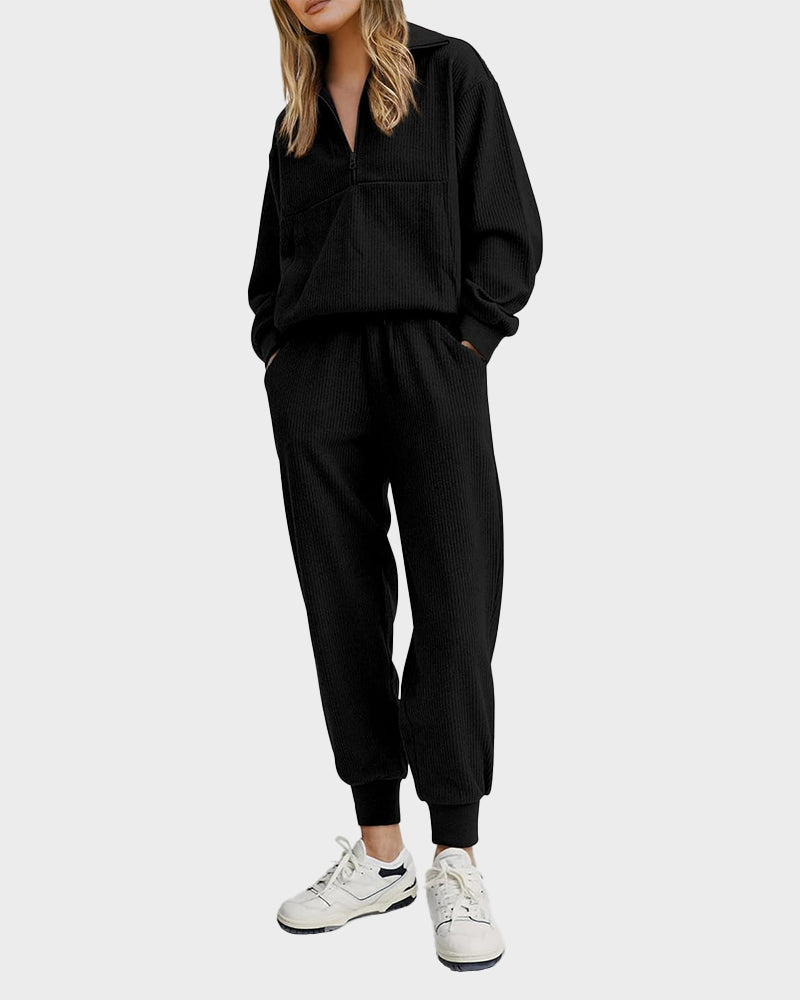 Ultra-Soft Ribbed Half-Zip Hoodie & Joggers Lounge Set for Women