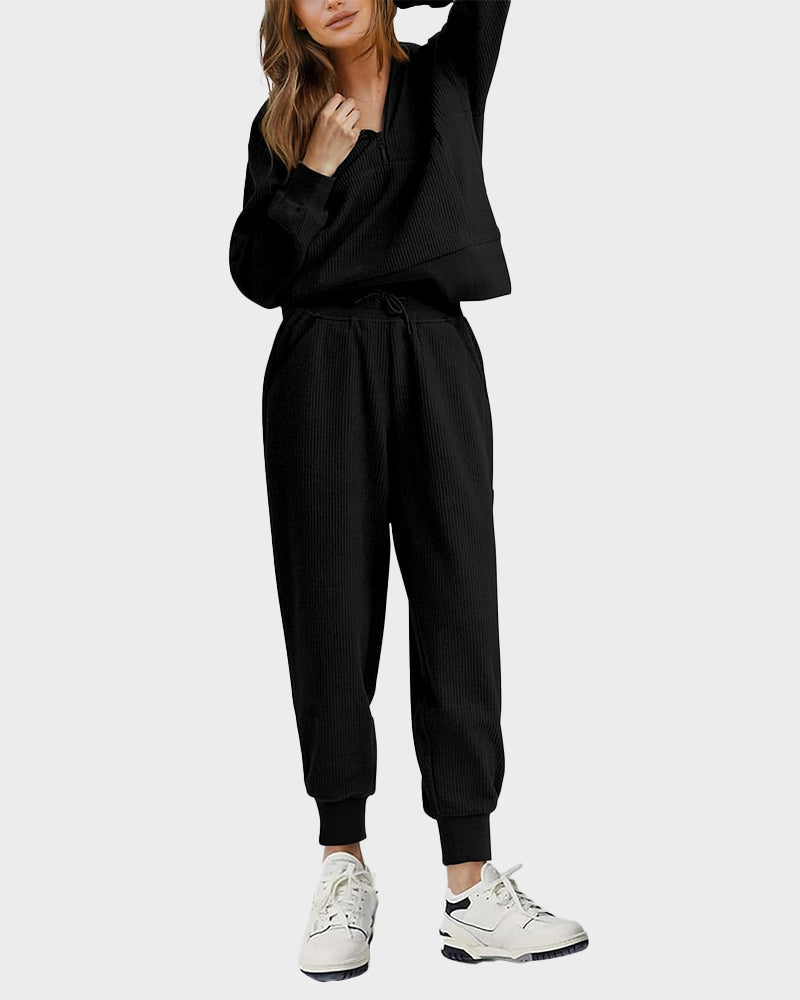 Ultra-Soft Ribbed Half-Zip Hoodie & Joggers Lounge Set for Women
