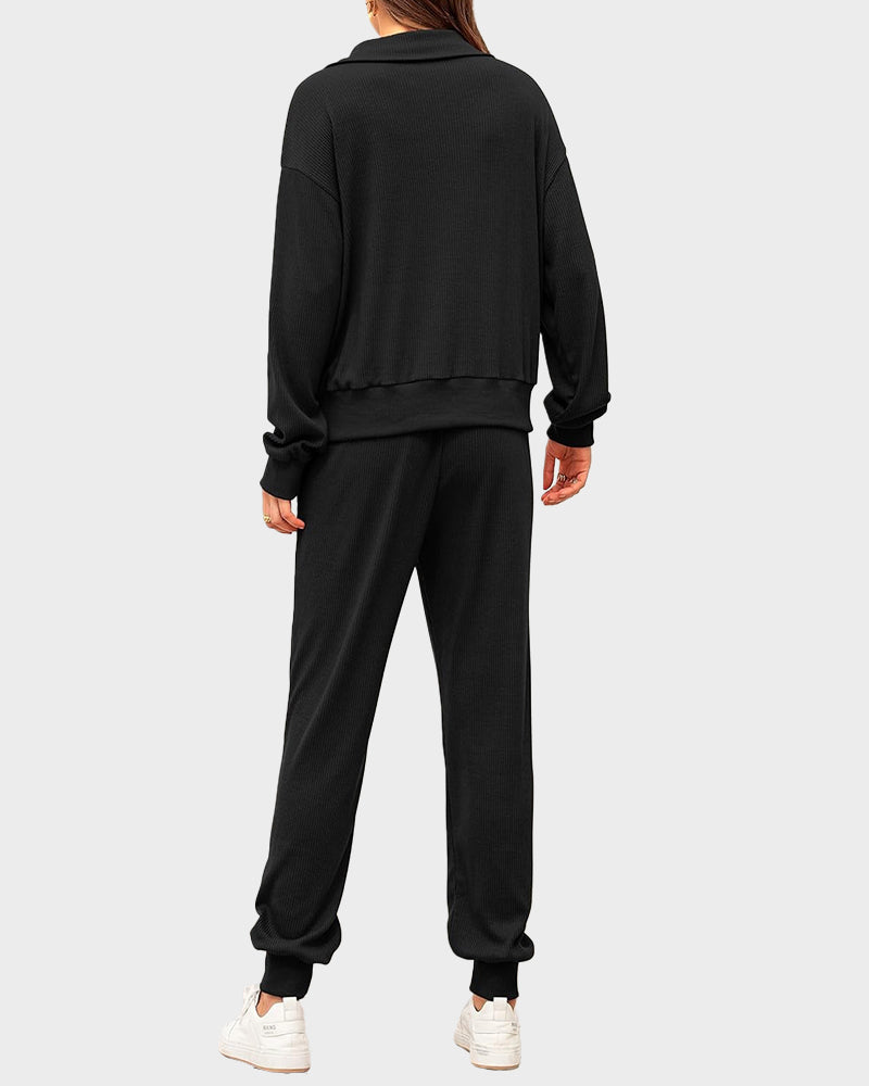 Ultra-Soft Ribbed Half-Zip Hoodie & Joggers Lounge Set for Women