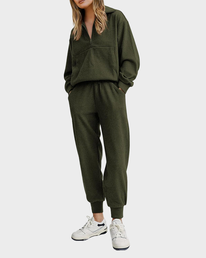 Ultra-Soft Ribbed Half-Zip Hoodie & Joggers Lounge Set for Women