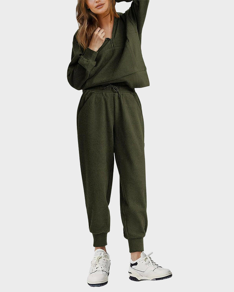 Ultra-Soft Ribbed Half-Zip Hoodie & Joggers Lounge Set for Women