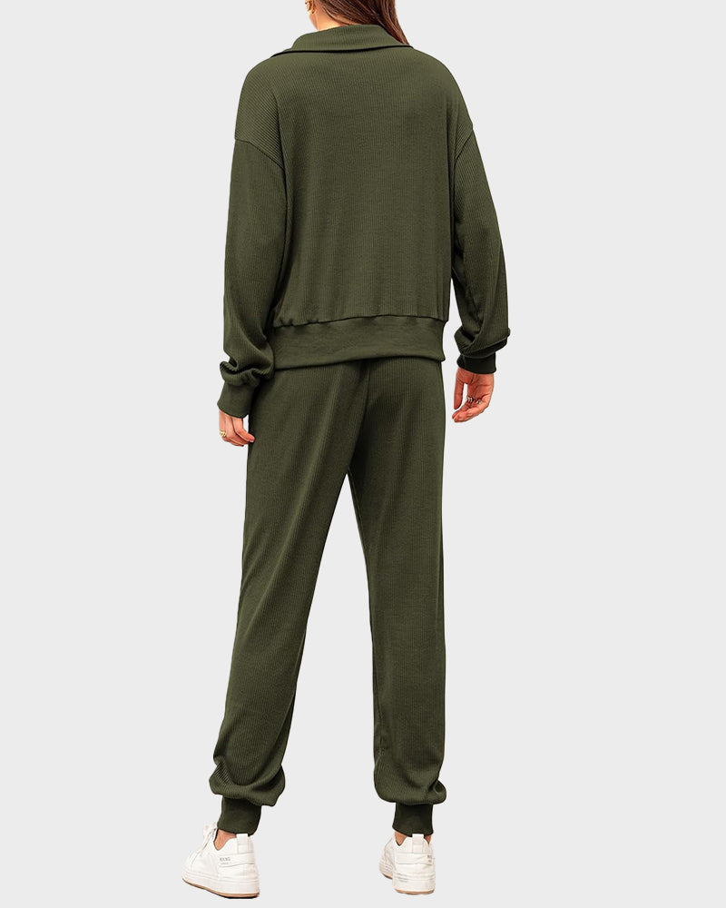 Ultra-Soft Ribbed Half-Zip Hoodie & Joggers Lounge Set for Women