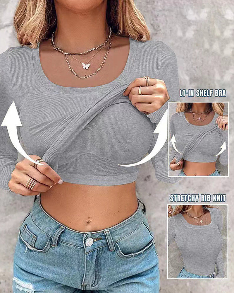 Comfortable Long Sleeve Ribbed Fitted Top with Built-In Bra for Everyday Wear