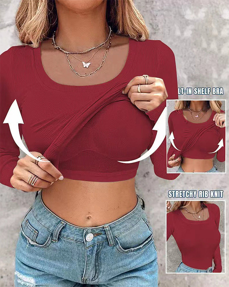 Comfortable Long Sleeve Ribbed Fitted Top with Built-In Bra for Everyday Wear