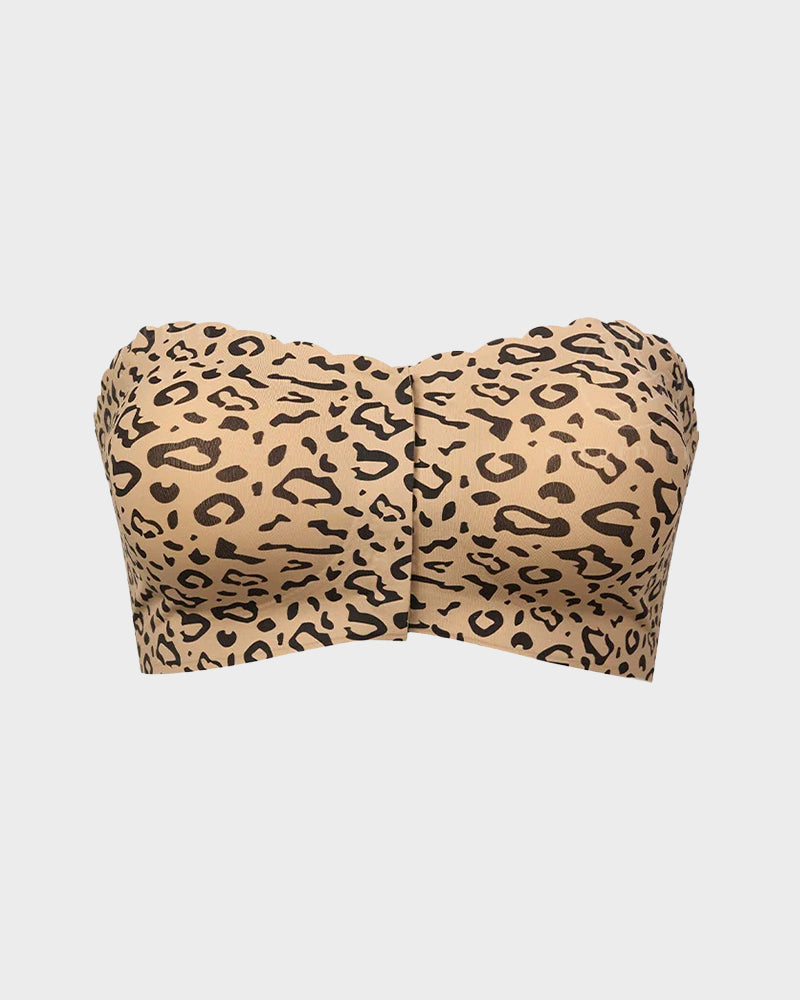 Comfortable Wireless Strapless Front-Closure Leopard Print Bra with Scalloped Trim