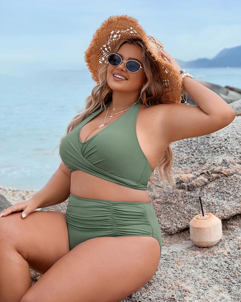 Women's Modest Tummy Control High Waisted Halter Bikini Swimsuit Set