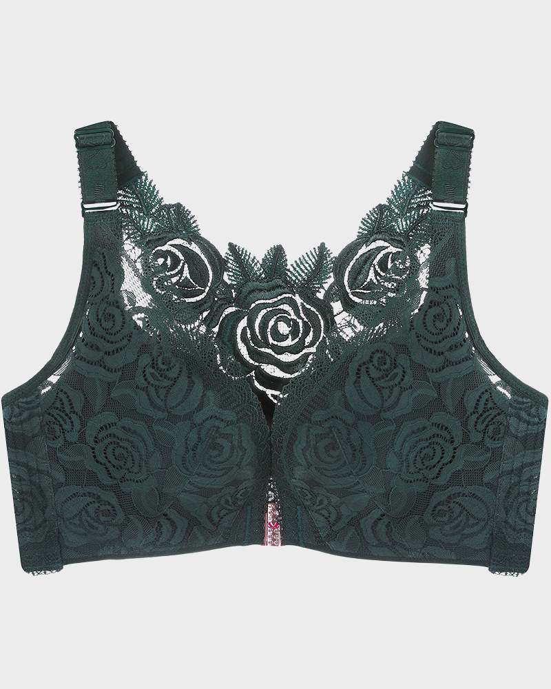 Elegant Rose Embroidery Front Closure Bra for Seamless Comfort & Support