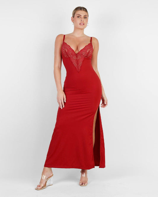 Elegant Deep-V Lace Maxi Dress with High Slit & Built-In Shapewear