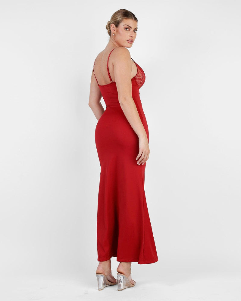 Elegant Deep-V Lace Maxi Dress with High Slit & Built-In Shapewear