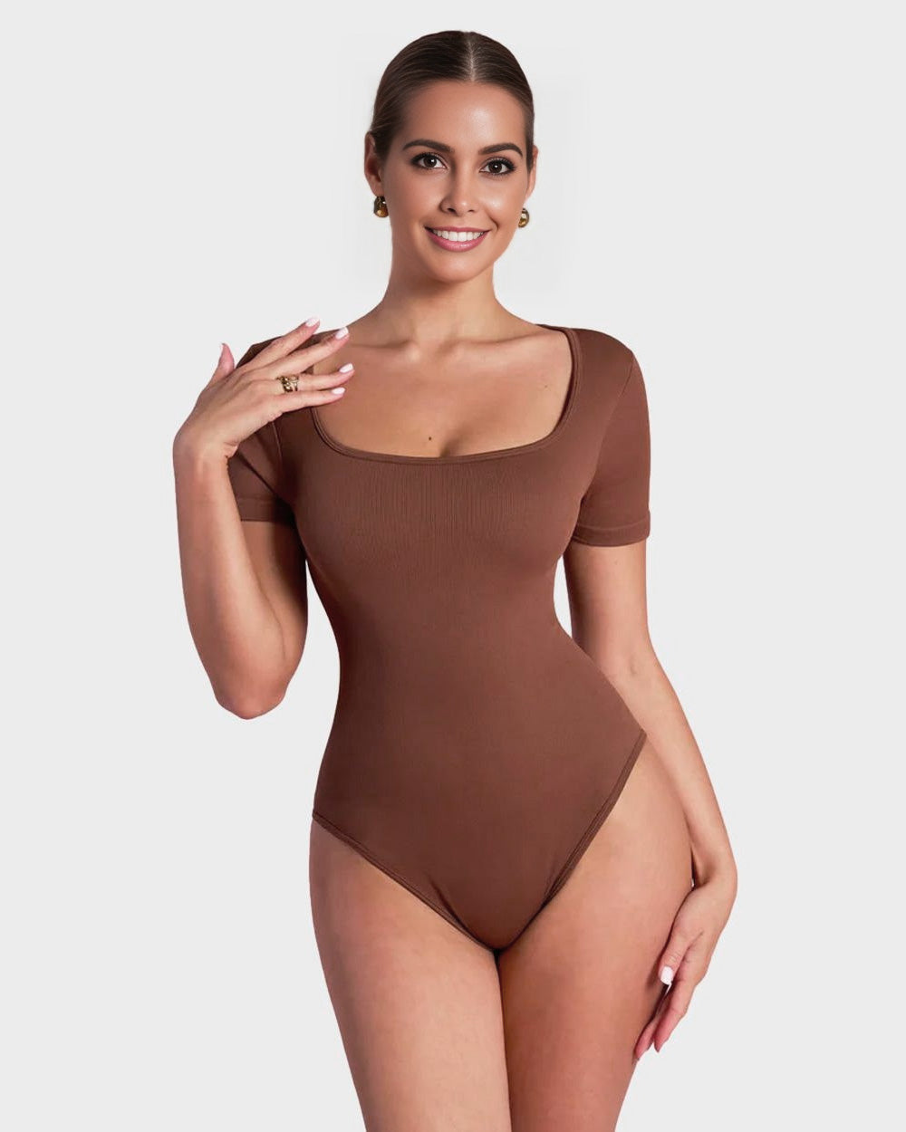SheCurve® Seamless Square Neck Short Sleeve Snatching Bodysuit: Body-Hugging Shapewear
