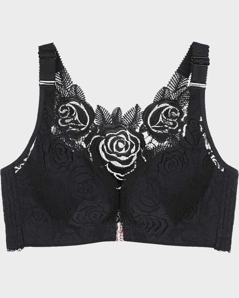 Elegant Rose Embroidered Front Closure Bra for Seamless Comfort and Easy Wear