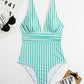 SheCurve Striped Deep Plunge Ruched One-Piece Summer Swimsuit for Women