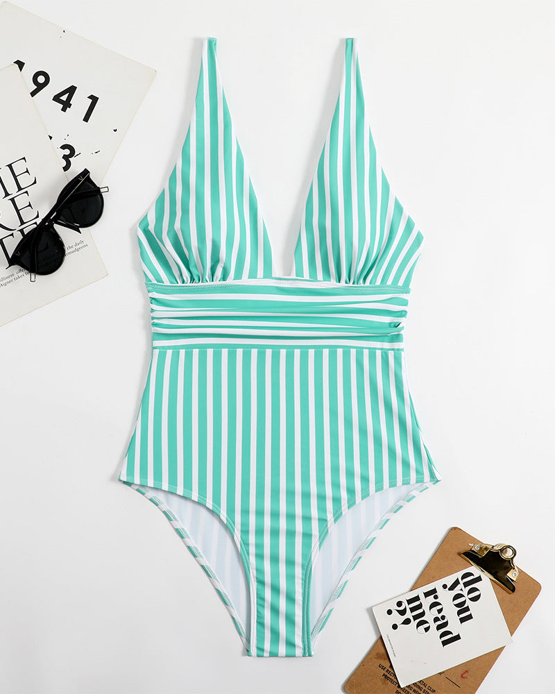 SheCurve Striped Deep Plunge Ruched One-Piece Summer Swimsuit for Women
