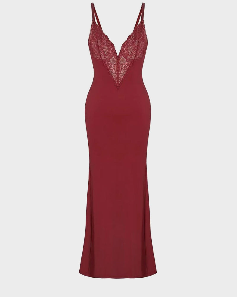 Elegant Deep-V Lace Maxi Dress with High Slit & Built-In Shapewear