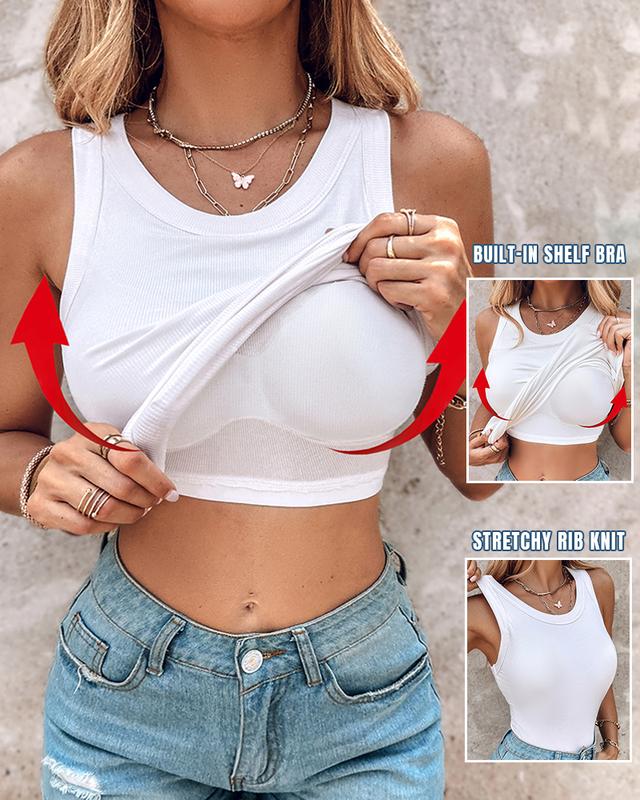 Ribbed Knit Round Neck Tank Top with Built-in Bra Pads