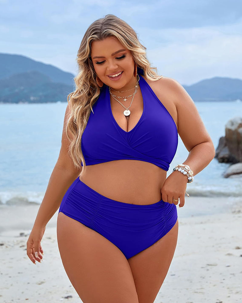Women's Modest Tummy Control High Waisted Halter Bikini Swimsuit Set