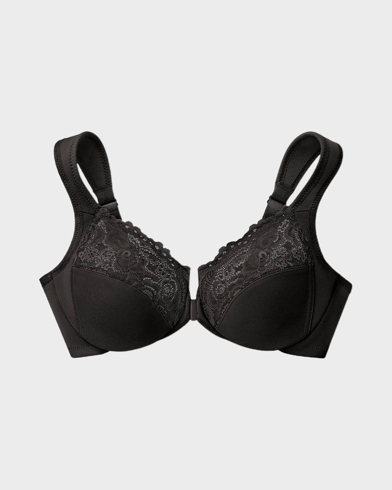 Chic Front-Closure Underwire Lace Print Bra for Effortless Plus Size Comfort