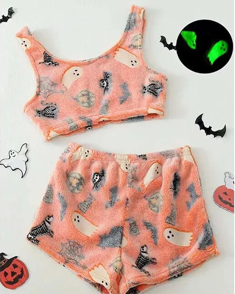 Cozy Glow-in-the-Dark Flannel Pajama Set with Spooky Pumpkin & Ghost