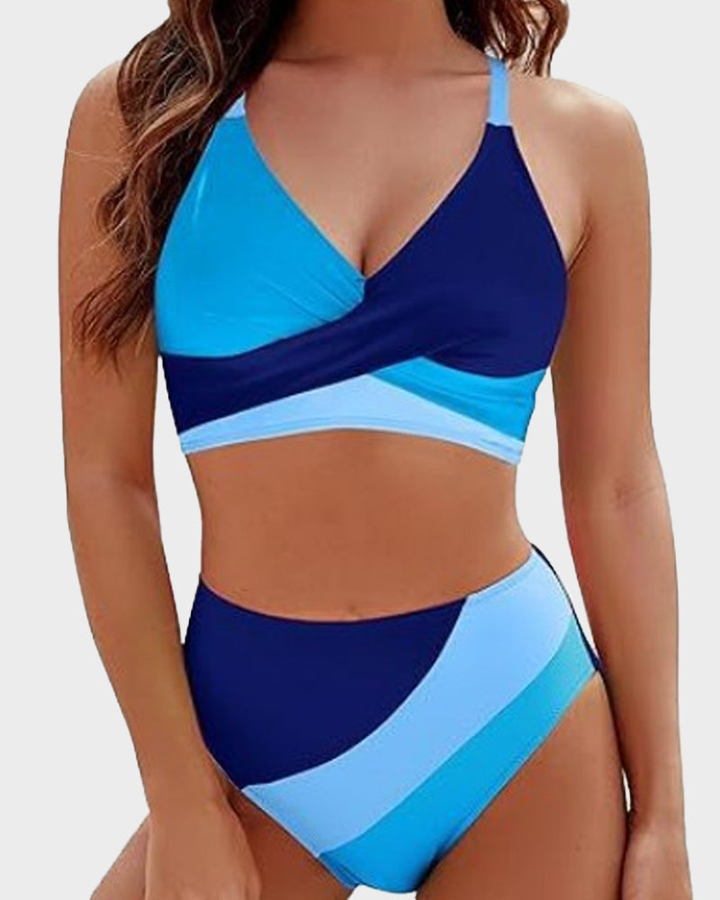 Trendy Color-Block Crisscross Laced Bikini Set with Adjustable Back Ties
