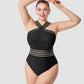 Chic Striped Mesh Insert Cross-Over Halter Neck One-Piece Swimsuit for Women