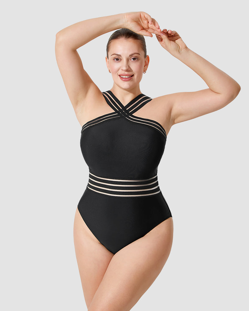 Chic Striped Mesh Insert Cross-Over Halter Neck One-Piece Swimsuit for Women