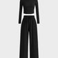 Women's Ribbed Knit Long Sleeve Crop Top Wide Leg Pants Lounge Set