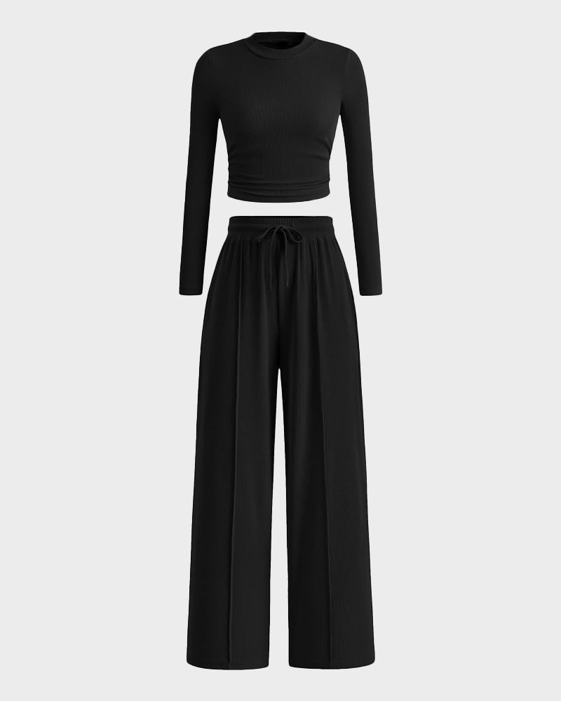 Women's Ribbed Knit Long Sleeve Crop Top Wide Leg Pants Lounge Set