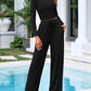 Women's Ribbed Knit Long Sleeve Crop Top Wide Leg Pants Lounge Set