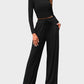 Women's Ribbed Knit Long Sleeve Crop Top Wide Leg Pants Lounge Set