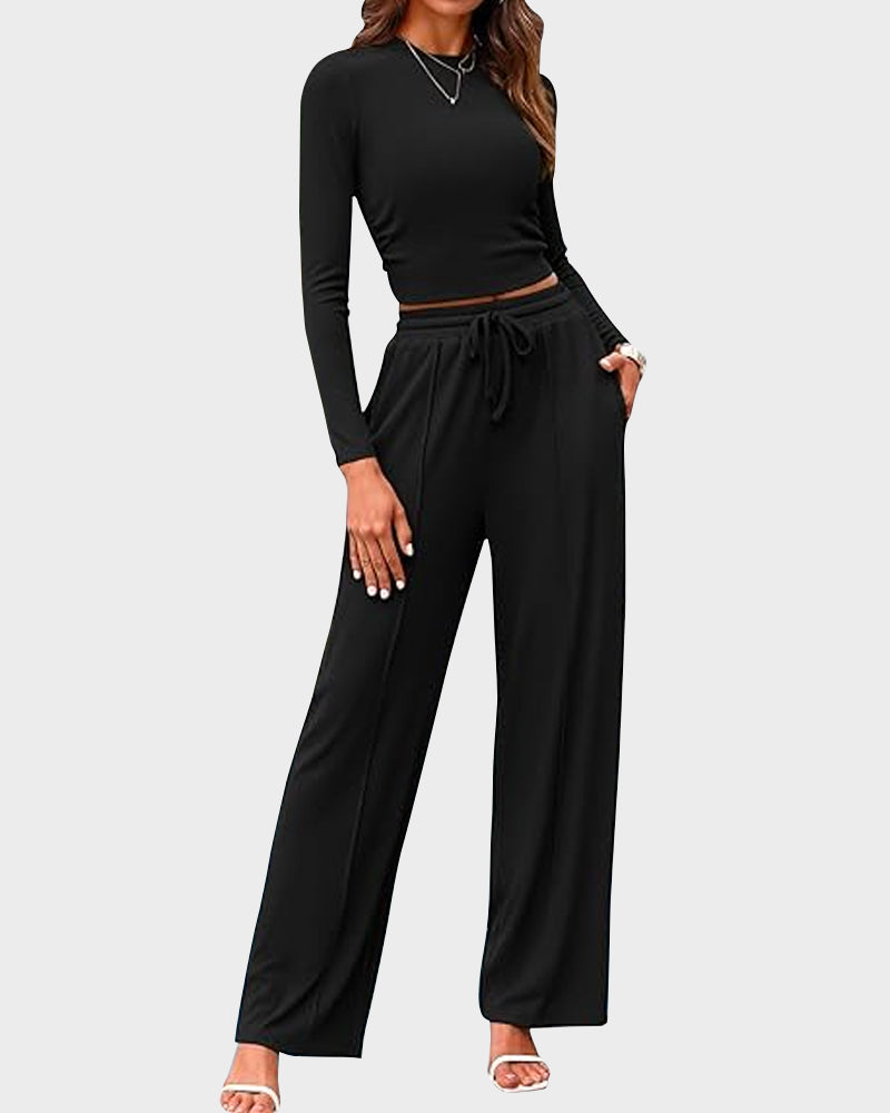 Women's Ribbed Knit Long Sleeve Crop Top Wide Leg Pants Lounge Set