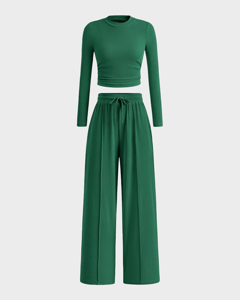 Women's Ribbed Knit Long Sleeve Crop Top Wide Leg Pants Lounge Set