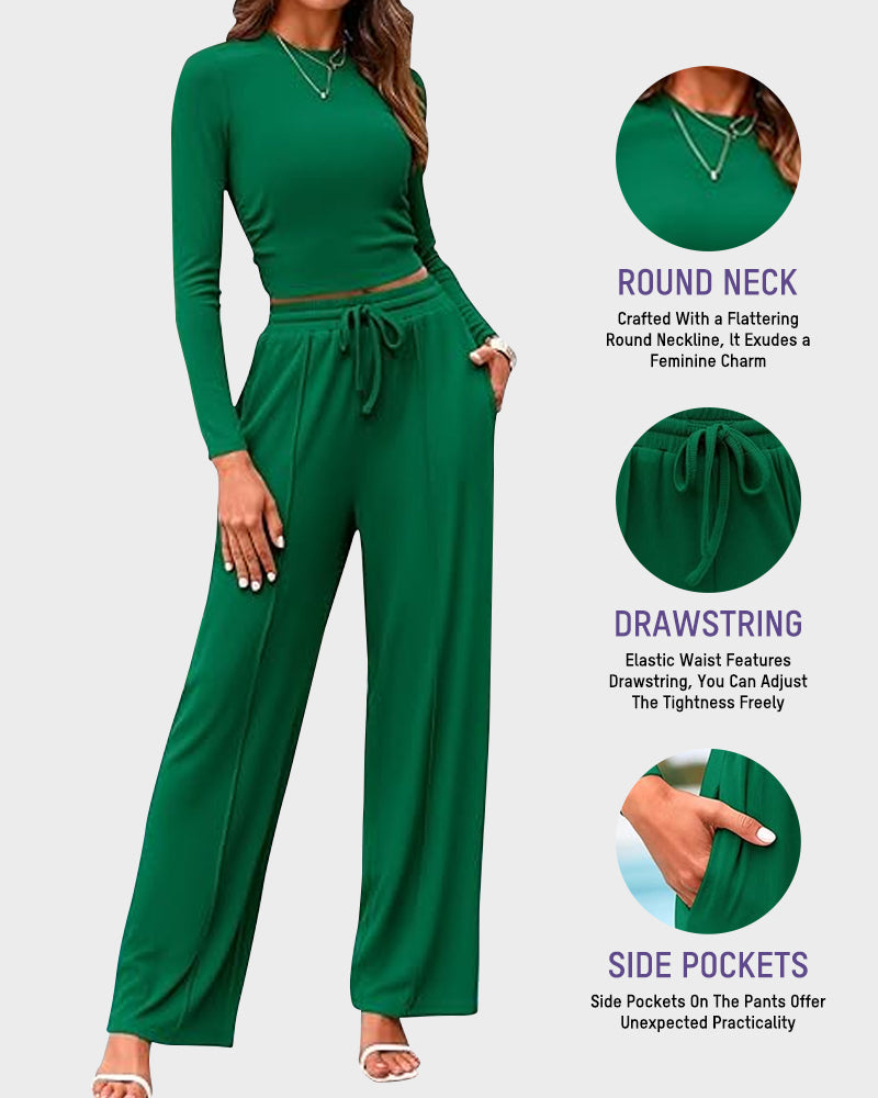 Women's Ribbed Knit Long Sleeve Crop Top Wide Leg Pants Lounge Set