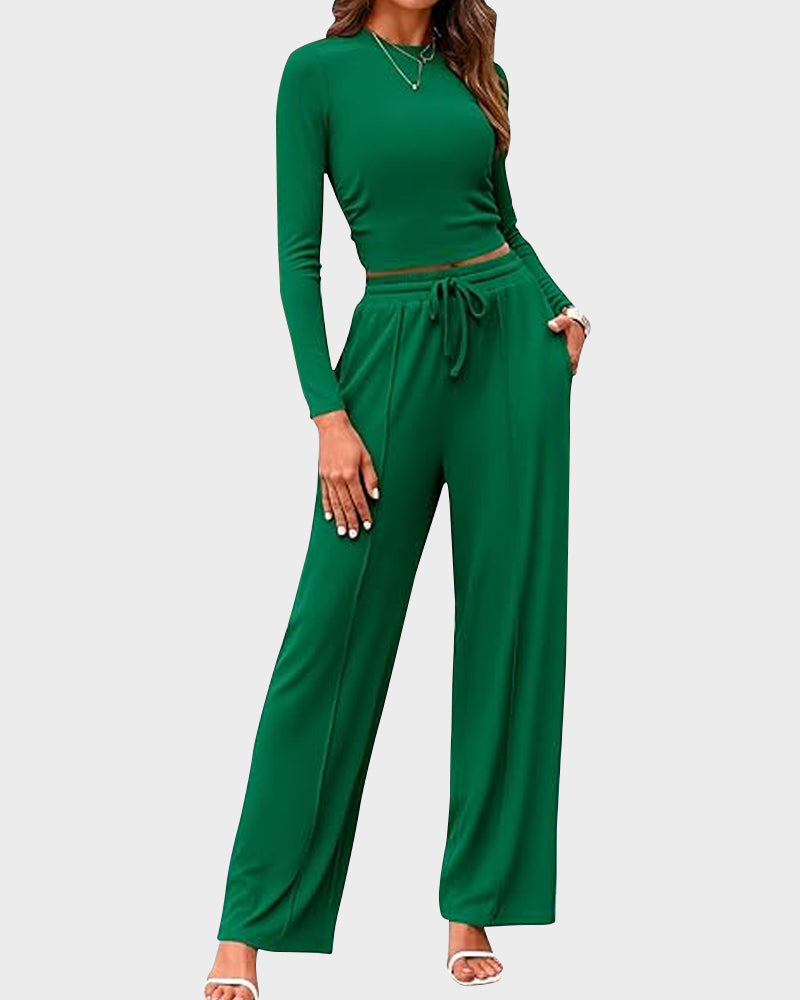 Women's Ribbed Knit Long Sleeve Crop Top Wide Leg Pants Lounge Set